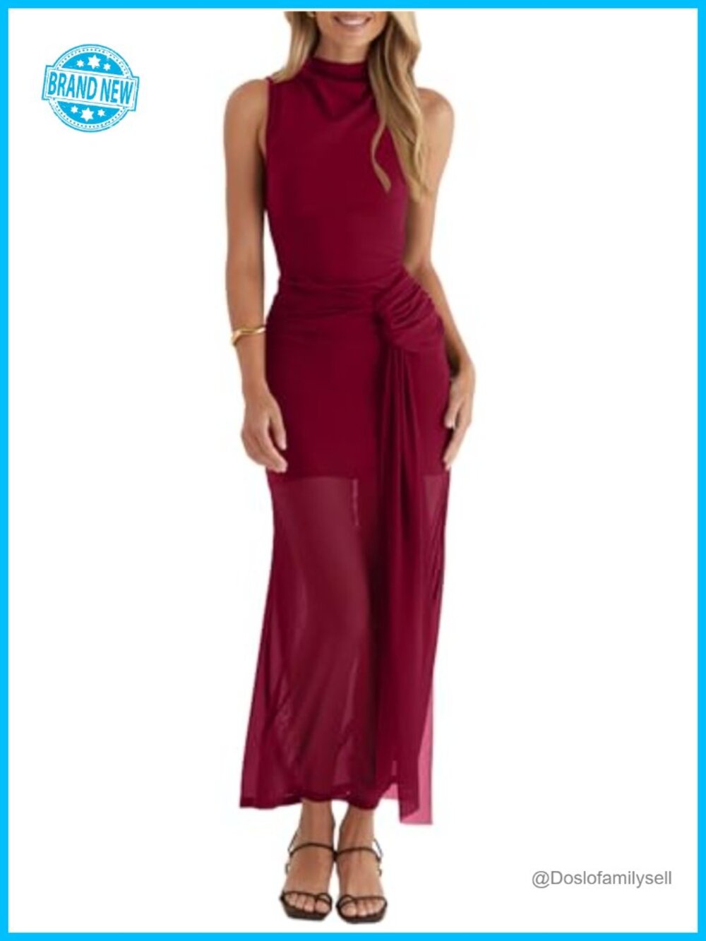 Mock Neck Sleeveless Ruched Mesh Bodycon Maxi Dress Wedding Guest Cocktail